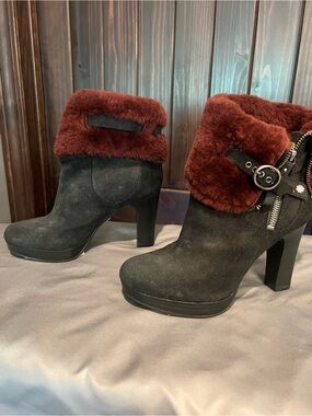 UGG Black Suede Ankle Booties with Burgundy Faux Fur Cuff